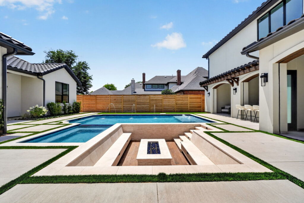 custom pool with fire pit